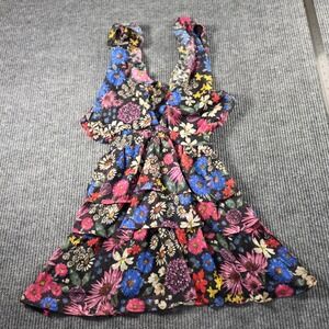 Spring + Mercer Floral Ruffle Mini Dress Black Multi V-Neck Tiered Sleeveless XS